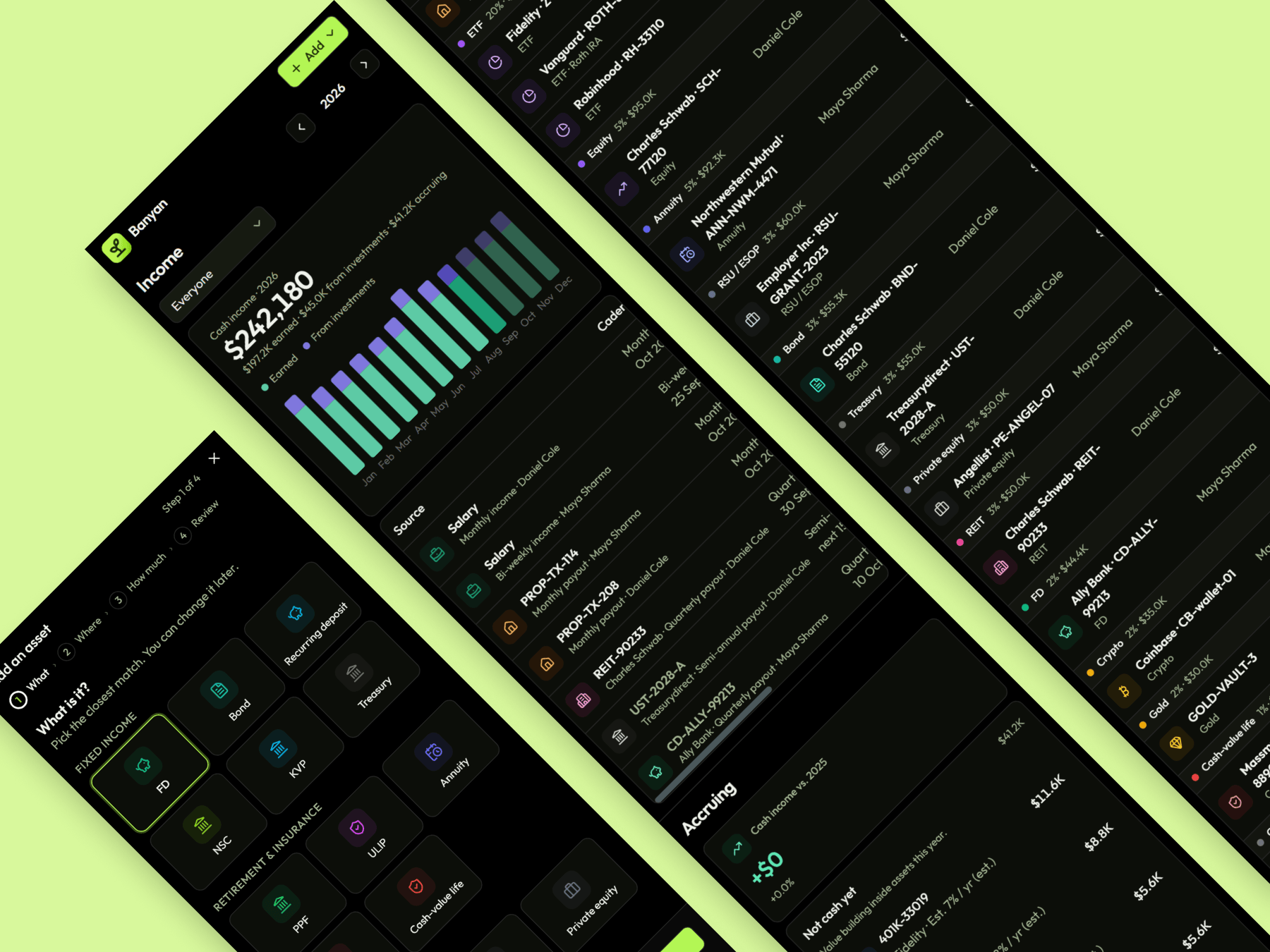 Income and Portfolio on a phone, dark.