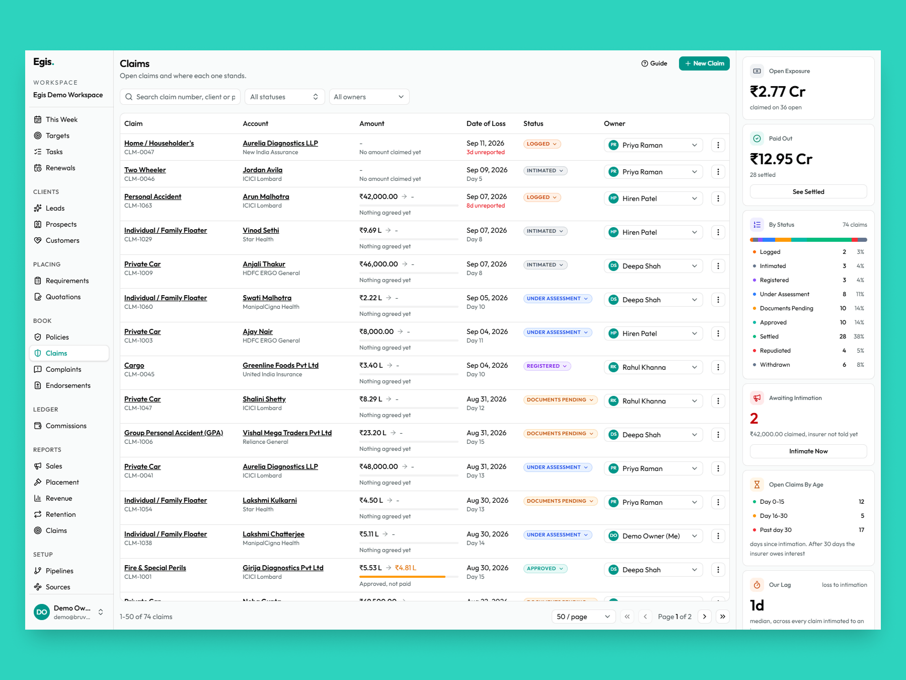 Claims. Every open claim and where it stands.