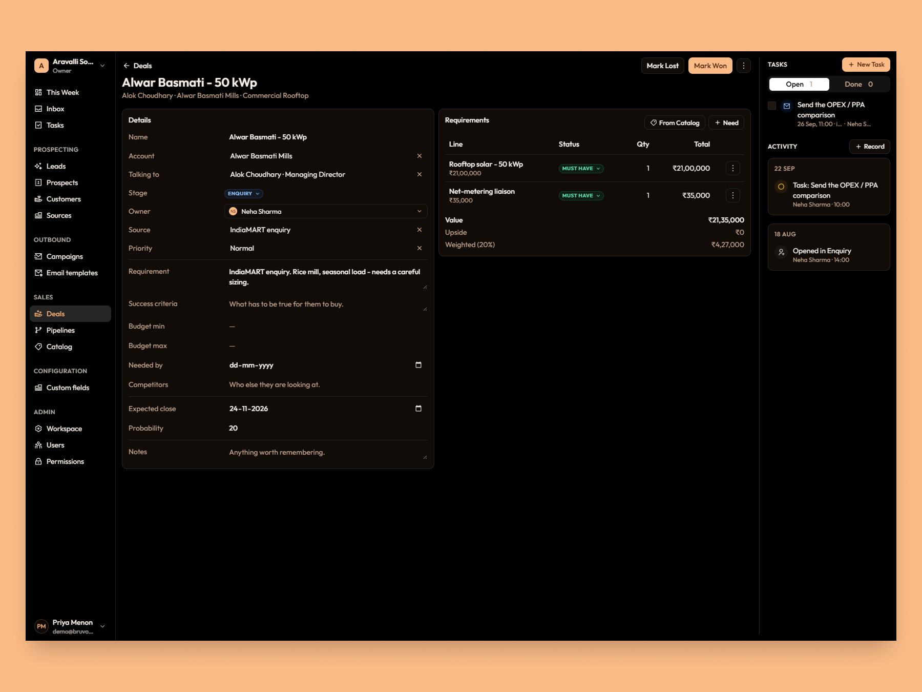 A deal. Requirements from the catalog, value and weighted value, tasks and activity beside it.